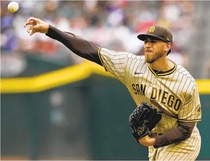  ?? MATT YORK AP ?? Padres starting pitcher Joe Musgrove strikes out eight in six innings, allowing just two runs, but couldn’t stick around to earn the win.