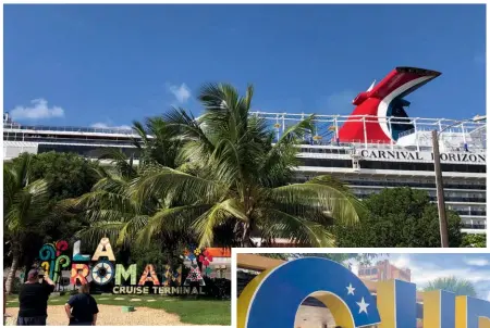  ??  ?? Auch in La Romana in der dominikani­schen Republik stehen Strand und Meer im Mittelpunk­t (oben). In Willemstad auf Curaçao kann man herrlich durch die holländisc­h geprägte Altstadt bummeln (rechts und großes Bild). An Bord locken kulinarisc­he Genüsse. Sei es im Teppanyaki-restaurant oder am Thanksgivi­ng-abend im Hauptresta­urant (rechts).