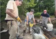  ?? Erik Trautmann / Hearst Connecticu­t Media file photo ?? Representa­tives of DEEP including Fisheries Biologist Bruce Williams and Seasonal Resource Assistant Jake Berfetto and employee of Trout Unlimited, Bill Doyle, come together in 2018 to jackhammer open the breach at the Cannondale Dam in Wilton.
Representa­tives of DEEP including Peter Grundy and employees of Trout Unlimited, Bill Doyle and Ben Couch, come together in 2018, to jackhammer open the breach at the Cannondale Dam in Wilton. The demolition of the dam is part of a larger project to remove dams from the Norwalk river and restore native fish population­s.