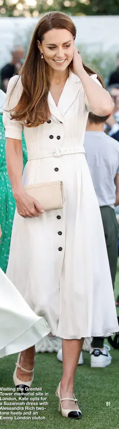  ?? ?? Visiting the Grenfell Tower memorial site in London, Kate opts for a Suzannah dress with Alessandra Rich twotone heels and an Emmy London clutch