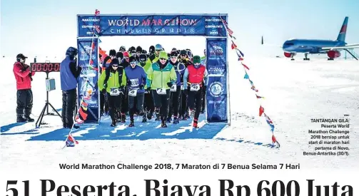  ?? WMC ?? TANTANGAN GILA: Peserta World Marathon Challenge 2018 bersiap untuk start di maraton hari pertama di Novo, Benua Antartika (30/1).