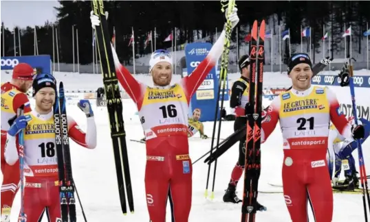  ?? FOTO: JUSSI NUKARI / AP / NTB ?? Emil Iversen (i midten) spurtet ned Sjur Røthe på oppløpet, mens Pål Golberg (til h.) ble nummer tre i verdenscup­comebacket til Norge i Lahti lørdag.