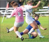  ?? File photo by Ernest A. Brown ?? Kaitlyn D’Abrosca (right) and the Mount St. Charles girls soccer team settled for a 1-1 tie Wednesday against Middletown.