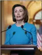  ?? J. SCOTT APPLEWHITE - THE AP ?? Speaker of the House Nancy Pelosi, D-Calif., makes a statement about a coronaviru­s aid package, on