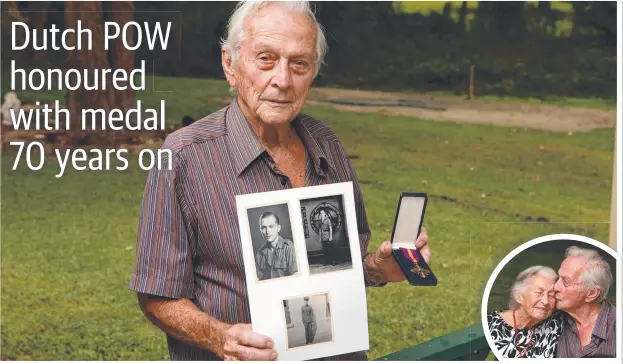  ?? Picture: JUSTIN BRIERTY ?? HARROWING TIME: Gordonvale man Edward Beets, 91, who was in Changi prison during World War II, pictured with the Mobilisati­on War Cross medal he was presented with 70 years after he was freed, along with photos of his days in service, and (inset) Edward with his wife Lydia, who also survived a prison camp.