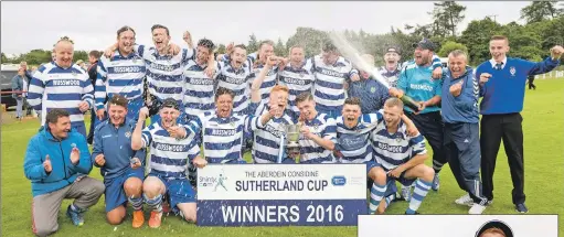  ?? Photos: Neil Paterson ?? Champagne flows as Newtonmore celebrate winning the Sutherland Cup.