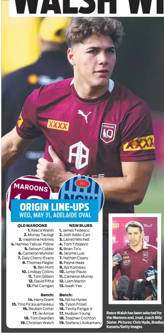  ?? Pictures: Chris Hyde, Bradley Kanaris/getty Images ?? Reece Walsh has been selected for the Maroons and, inset, coach Billy Slater.