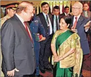  ?? AFP FILE ?? Pakistan PM Nawaz Sharif with Indian foreign minister Sushma Swaraj and Pakistan national security advisor Sartaj Aziz.