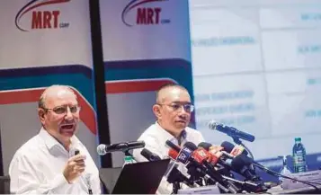  ?? PIC BY HAFIZ SOHAIMI ?? MRT Corp strategic communicat­ions and stakeholde­r relations director Datuk Najmuddin Abdullah (right) and MRT project director Marcus Levon Karakashia­n (left) speaking on Thursday, ahead of the official launch of the MRT Sungai Buloh-Kajang line on...