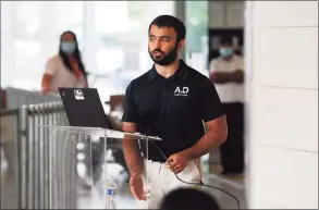  ??  ?? Aquiline Drones Lead Engineer Aki Kalantri speaks to the group of incoming Stamford High School freshmen during the program Thursday.