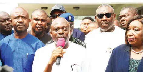  ?? ?? Rivers State Governor, Siminalayi Fubara ( middle) addressing journalist­s and stakeholde­rs after the Supreme Court verdict affirming his victory.... yesterday.