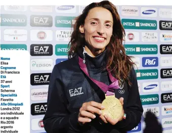  ??  ?? Nome
Elisa
Cognome
Di Francisca
Età 37 anni
Sport
Scherma
Specialità
Fioretto
Alle Olimpiadi
Londra 2012 oro individual­e e a squadre Rio 2016 argento individual­e