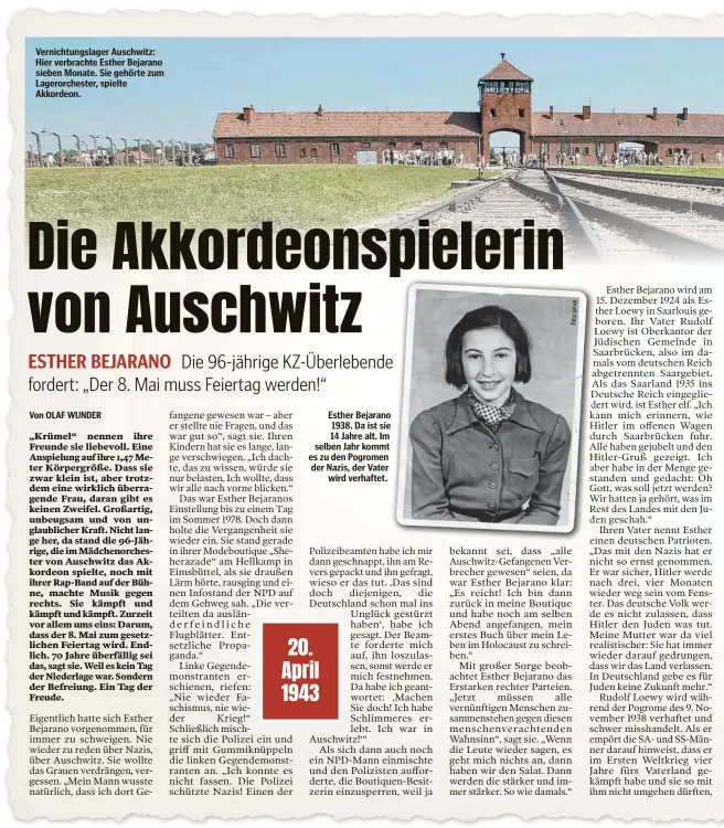  ??  ?? Vernichtun­gslager Auschwitz: Hier verbrachte Esther Bejarano sieben Monate. Sie gehörte zum Lagerorche­ster, spielte Akkordeon.
Esther Bejarano 1938. Da ist sie 14 Jahre alt. Im selben Jahr kommt es zu den Pogromen der Nazis, der Vater wird verhaftet.