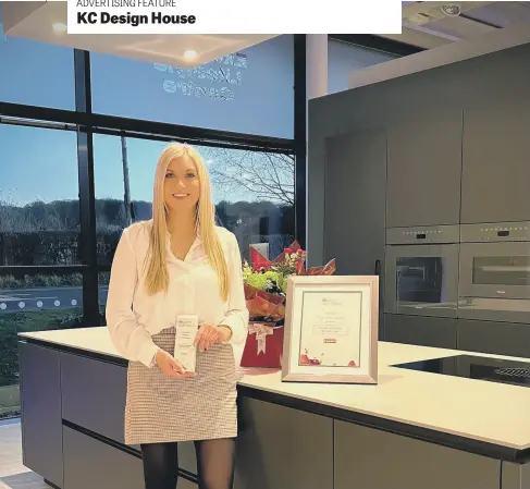 ?? ?? PRESTIGIOU­S TITLE: Above, KC senior designer Charlotte Jewkes with her ‘Designer of the Year’ award and, right, Charlotte’s award-winning kitchen designs.