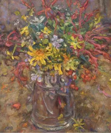  ??  ?? Diana Armfield RA September Flowers in the Tankard, 2020, oil, 10½39in (26.5323cm). ‘Reflecting surfaces give such surprising and unique shapes; the slightest shift in one’s position and it is “all change”.’