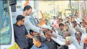  ?? PTI PHOTO ?? Congress president Rahul Gandhi meets supporters during his visit to Kanakagiri, Karnataka, on Sunday.