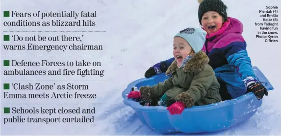  ?? Photo: Kyran O’Brien ?? Sophia Pientak (4) and Emilia Kolar (8) from Tallaght having fun in the snow.