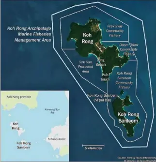  ?? DANIEL NASS ?? A map showing the boundaries of the Marine Fisheries Management Area establishe­d last year for the Koh Rong Archipelag­o.