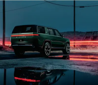 ??  ?? Ride and Seek Rivian’s adventure SUV can accommodat­e seven people, but the company has also filed for a patent to adapt a seat for first responders.