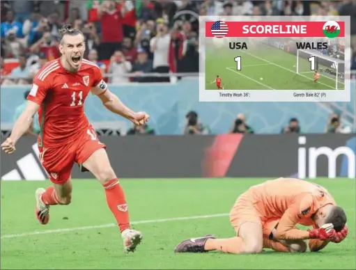  ?? (AFP) ?? Wales’ forward Gareth Bale celebrates scoring his team’s equaliseer against USA in their FIFA World Cup Qatar 2022 Group B match at the Ahmad Bin Ali Stadium on Monday.