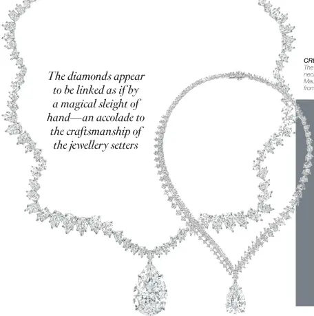 ??  ?? CREATIVE HOMAGE The Extraordin­ary (right) and Unique necklaces, designed by the late Maurice Galli, feature design codes from the Harry Winston archives