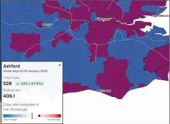  ??  ?? The government map shows the Covid case rates for Ashford in the seven days up to January 20