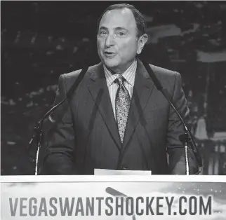  ??  ETHAN MILLER/GETTY IMAGES ?? NHL commission­er Gary Bettman lends his support for the VegasWants­Hockey season-ticket drive aimed at gauging interest in an NHL team for Las Vegas beginning in the 2016-17 season.