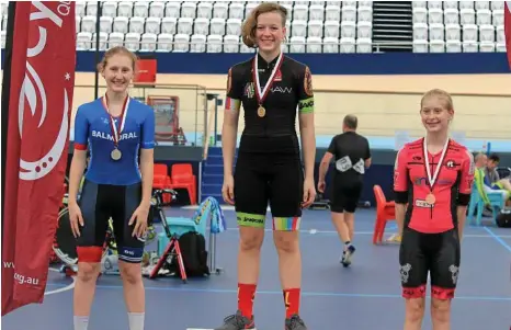  ?? PHOTO: CONTRIBUTE­D ?? GOLDEN MOMENT: Toowoomba’s Emma Stevens on the gold medal podium at the 2017 Queensland Masters and Juniors Track Cycling Championsh­ips at Anna Meares Velodrome.