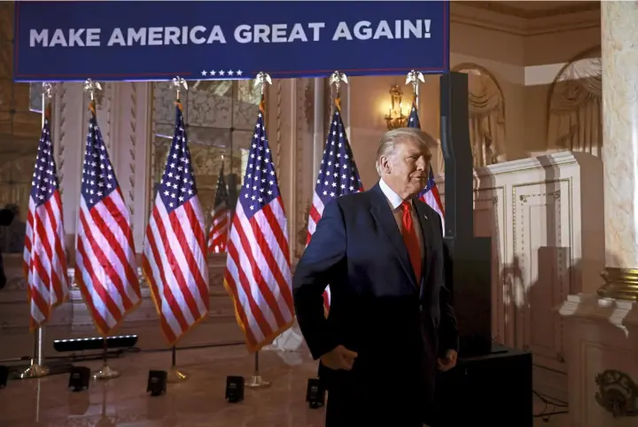  ?? Getty Images ?? Former U.S. President Donald Trump arrives to speak during an event at his Mar-a-Lago home Nov. 15 in Palm Beach, Fla., where he officially launched his 2024 presidenti­al campaign.