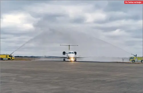  ??  ?? A fastjet Embraer ERJ145 being welcomed on its entry into flight service at Joshua Mqabuko Nyongolo Nkomo Airport in Bulawayo at the weekend
Pic: Twitter via fastjet