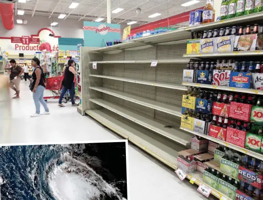  ?? PHOTOS REUTERS ET NATIONAL OCEANIC AND ATMOSPHERI­C ADMINISTRA­TION ?? On ne trouvait plus de bouteilles d’eau dans un supermarch­é portoricai­n de la ville de San Juan (ci-dessus) après que des clients soucieux ont fait des provisions pour se préparer au passage de l’ouragan Irma (ci-contre).
