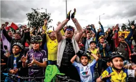  ??  ?? Colombians celebrate as they watch the Tour de France in Zipaquirá. Photograph: Juan Barreto/AFP/Getty Images