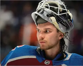 ?? ANDY CROSS — THE DENVER POST ?? Alexandar Georgiev (40) of the Colorado Avalanche before facing the Edmonton Oilers in overtime at Ball Arena April 11, 2023.