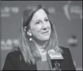  ?? Associated Press ?? NEW DEAL
In this Sept. 29 file photo, WNBA Commission­er Cathy Engelbert speaks at a news conference in Washington. The WNBA and its union announced a tentative eightyear labor deal Tuesday.