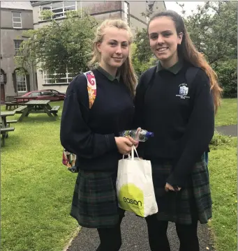  ??  ?? Ursuline College students Aine Keaney and Sorcha Reddy following their Irish exam.