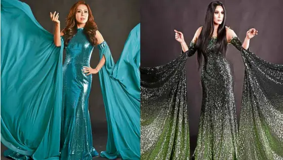  ??  ?? Rachel Alejandro (left) and Carla Guevara-Laforteza alternate as the Lady of the Lake, wearing costumes created exclusivel­y for the show by noted fashion designer Francis Libiran. “Those dresses deserve a standing ovation of their own,” says Trinidad.