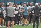  ?? BOB SELF/FLORIDA TIMES-UNION ?? Jaguars head coach Doug Pederson talks with his players at the end of Friday's rookie minicamp practice session.