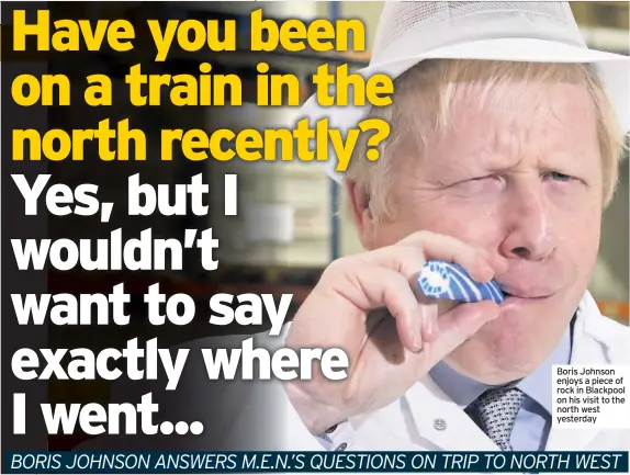  ??  ?? Boris Johnson enjoys a piece of rock in Blackpool on his visit to the north west yesterday
Conservati­ve manifesto?
