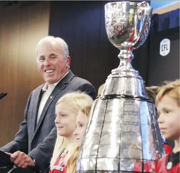  ?? GAVIN YOUNG ?? Calgary Stampeders GM John Hufnagel smiles as he talks about Calgary being the host city for the 2019 Grey Cup during an event at the Shaw Building in downtown Calgary on Wednesday.