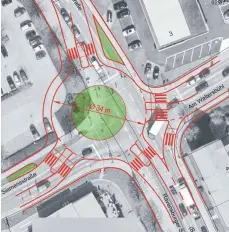  ?? GRAFIK: STADT WANGEN ?? So sieht der Plan für den Kreisel an der Waltersbüh­l-Kreuzung aus: rechts oben das BMW-Autohaus, links oben der Aldi-Parkplatz