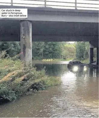  ??  ?? Car stuck in deep water in Ferngrove, Bury – also inset below