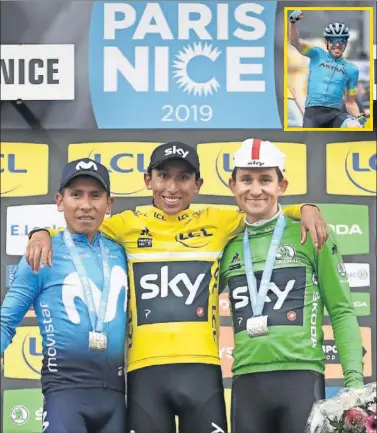  ??  ?? ESPECTACUL­AR. Ion Izagirre ganó en Niza, y Nairo y Kwiatkowsk­i escoltaron a Bernal en el podio final.