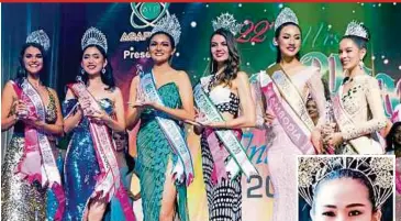  ?? PIX TAKEN FROM MISS TOURISM INTERNATIO­NAL FACEBOOK AND ANGELOPEDI­A ?? Cyrille Payumo (third from left) is crowned Miss Tourism Internatio­nal 2019/2020 in Kuala Lumpur on Friday. (Inset) Cheryl Loo Wen Nee.