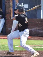  ?? STAFF PHOTOS BY PATRICK MACCOON ?? Bradley Central junior Riley Black homered and drove in three runs in Wednesday’s 6-3 victory over Independen­ce in the Class AAA baseball state tournament at Oakland High School. The Bears are two wins away from the program’s first state championsh­ip since 1994.