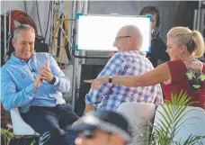  ?? Picture: ALEX COPPEL ?? Channel 7’s Sunrise team (from left) Mark Beretta, David Koch and Samantha Armytage share a laugh off air.