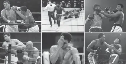  ??  ?? Clockwise from top left are file photos showing Muhammad Ali getting hit by Trevor Berwick on Dec. 11, 1981 in Nassau, Bahamas; Joe Frazier directed to his corner by referee Arthur Merchant after knocking down Ali on March 8, 1971, in New York; Ali...