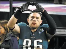  ?? Gregory Shamus / Getty Images ?? Danville native and Stanford alum Zach Ertz, who caught the winning TD pass, celebrates the Eagles’ Super Bowl win.