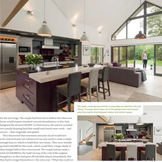  ??  ?? The sleek, contempora­ry kitchen incorporat­es an island for informal dining. The patio doors open out to the garden and a level paved area, blurring the lines between interior and exterior space