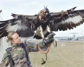  ?? BIRD ON THE HAND: — AFP ?? A soldier trains an eagle during a military exercise at an airbase in southweste­rn France.