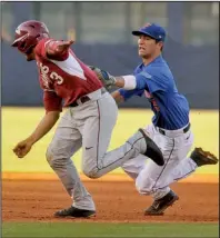  ?? NWA Democrat-Gazette/MICHAEL WOODS ?? Arkansas runner Michael Bernal (left) is run down by Florida second baseman Dalton Guthrie during the Gators’ 10-0, seven-inning victory in an eliminatio­n game Friday at Hoover, Ala.